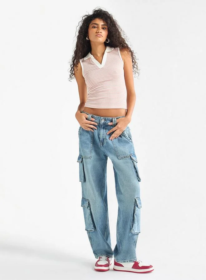 Splash FAV Striped Sleeveless Top with Collar