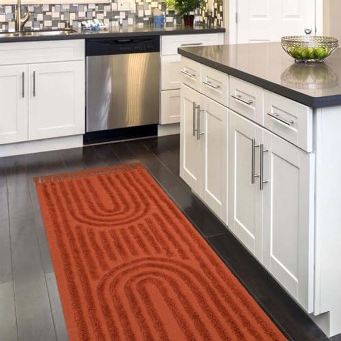 LEEVAN Washable Kitchen Runner Rug 2'X5', Hand-Woven Bathroom Runner Rug with Tassels, Terracotta Entryway Runner Rug, Tufted Rainbow Bedroom Rug Runner, Farmhouse Hallway Rug for Laundry/Living Room - Image 4