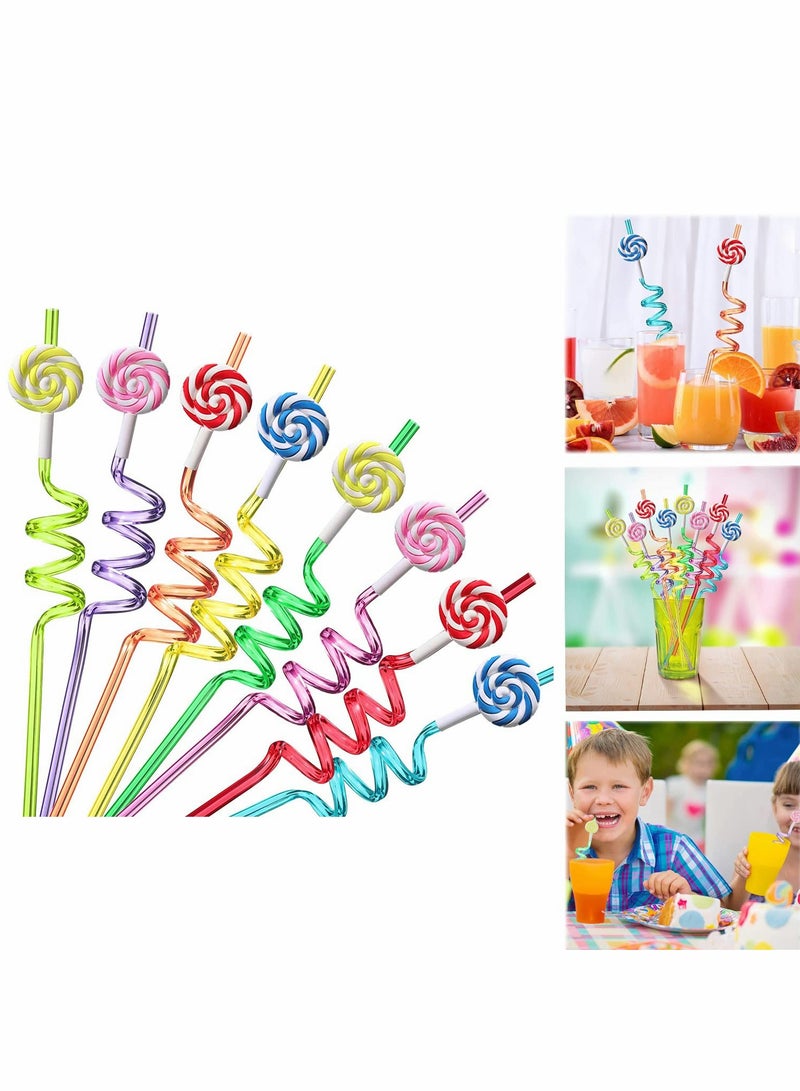 KASTWAVE Reusable Straws Plastic 8Pcs Reusable Ice Cream Straws Drinking Straws for Birthday Party Decorations Ice Cream Theme Party lovely Curved Straw for Hawaiian Summer Beach Party Supplies (Lollipops)  - Image 1