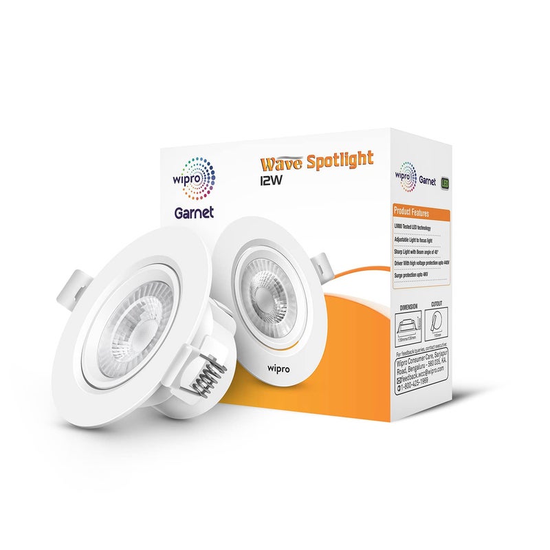 Wipro Garnet 12W Round Led Wave SpotlightCob Spotlight for CeilingWarm White Light 2700KAdjustable DesignRecessed Tiltable Downlighter for False CeilingCutout125MmPack of 6 - Image 2