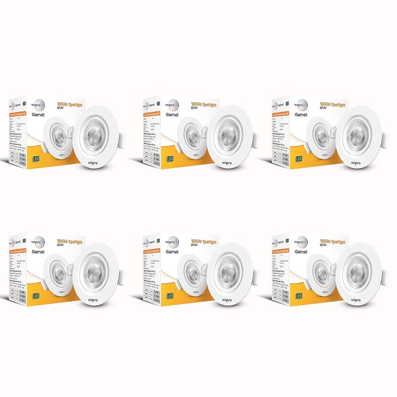 Wipro Garnet 12W Round Led Wave SpotlightCob Spotlight for CeilingWarm White Light 2700KAdjustable DesignRecessed Tiltable Downlighter for False CeilingCutout125MmPack of 6 - Image 1
