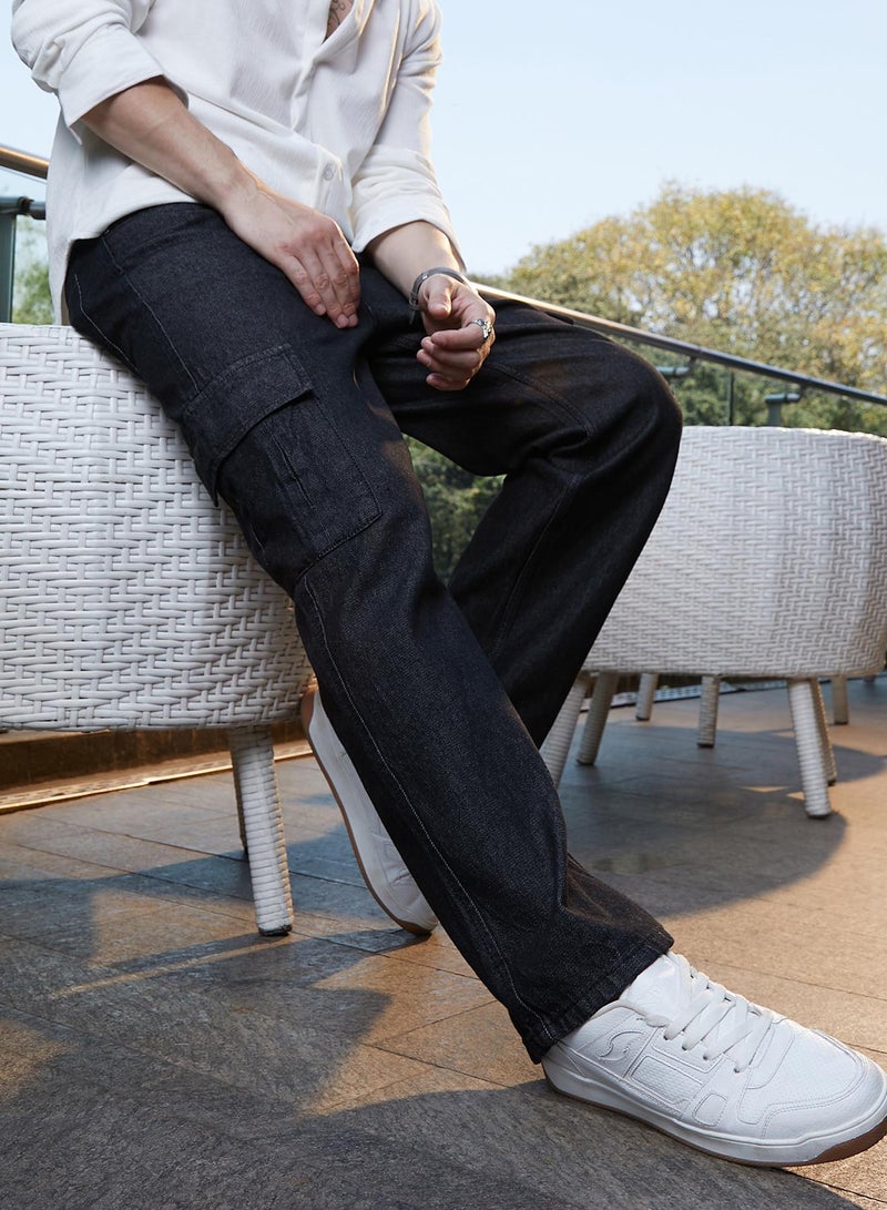 Campus Sutra Men's Midnight Black Dark-Wash Cargo Denim Jeans - Image 1