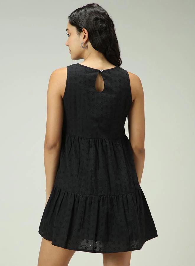 Outzidr  Black Schiffli Tiered Mini Dress for Women | Best Price UAE