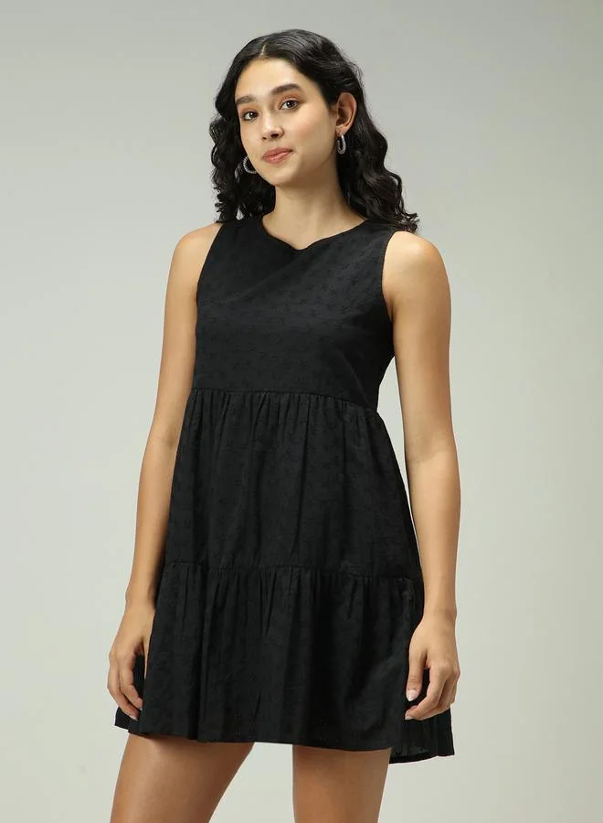 Outzidr  Black Schiffli Tiered Mini Dress for Women | Best Price UAE