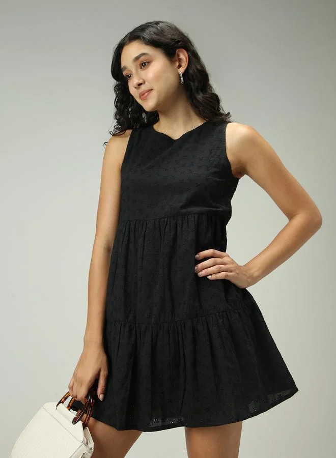 OUTZIDR Black Schiffli Tiered Mini Dress