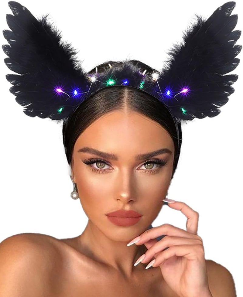 Light Up Halloween Wing Headbands LED Black Feather Hairband Angel Wings Women Hair Accessories for Rave Costume