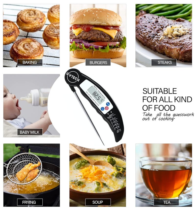 GVTECH Digital Instant Read Meat Thermometer, Foldable Long Probe, °F/°C, Auto On/Off, Perfect for Kitchen Smoker Grill BBQ Water Milk Jam Hot Beverage (Black) - Image 3