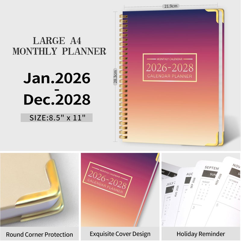 Kamoy Monthly Planner 2026-2028, 2026 Calendar 36 Months Planner, Jan. 2026 - Dec. 2028, 8.5" x 11",Hard PVC Cover with Spiral Bound, Perfect for School & Office for Women & Men - Gradient Purple - Image 2