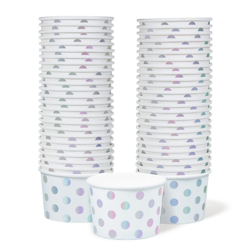 MATICAN Paper Ice Cream Cups  50Count 9Oz Disposable Dessert Bowls for Hot or Cold Food 9Ounce Party Supplies Treat Cups for Sundae Frozen Yogurt Soup Silver Foil Polka Dots