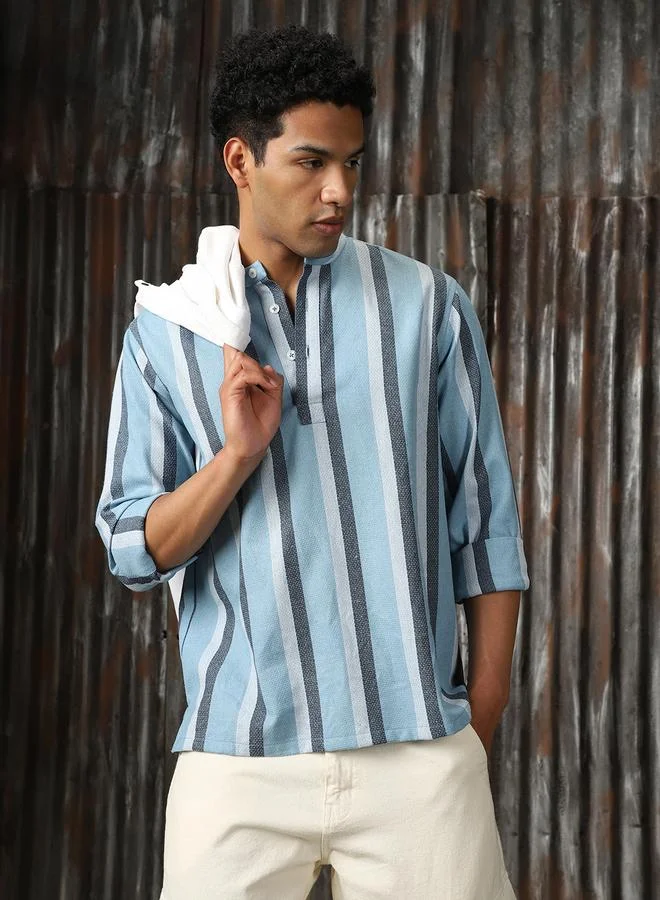 HIGH STAR Men's Multicolour Cotton Blend Striped Mock Leno Relaxed Shirt