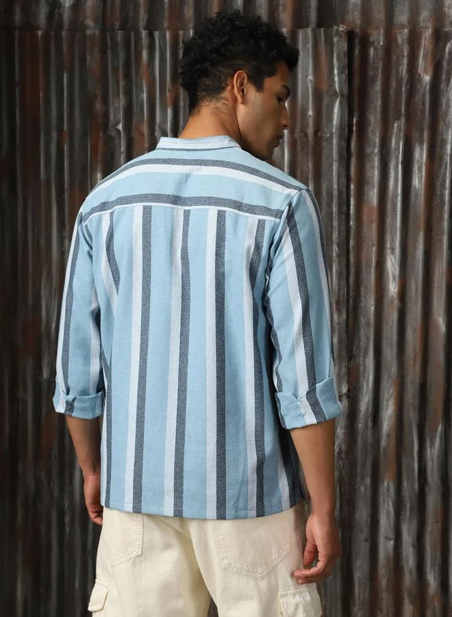 HIGH STAR Men's Multicolour Cotton Blend Striped Mock Leno Relaxed Shirt