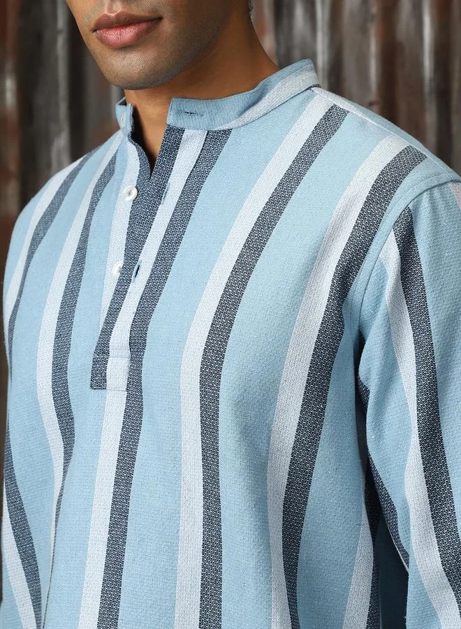 HIGH STAR Men's Multicolour Cotton Blend Striped Mock Leno Relaxed Shirt