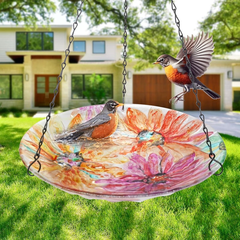 VCUTEKA Hanging Bird Bath, Glass Bird Baths for Outdoors Birdfeeder with 21 inch Rust-Proof Chain for Garden Yard Decor, Flower - Image 2