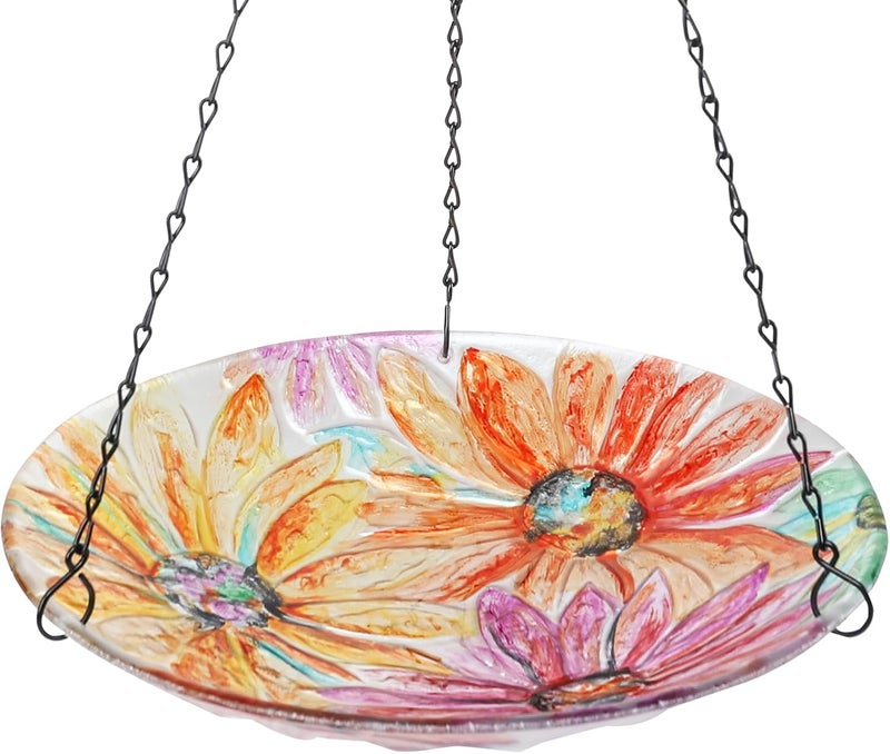 VCUTEKA Hanging Bird Bath, Glass Bird Baths for Outdoors Birdfeeder with 21 inch Rust-Proof Chain for Garden Yard Decor, Flower - Image 1