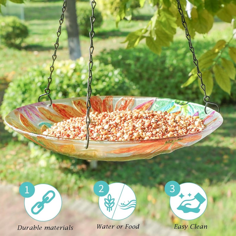 VCUTEKA Hanging Bird Bath, Glass Bird Baths for Outdoors Birdfeeder with 21 inch Rust-Proof Chain for Garden Yard Decor, Flower - Image 3
