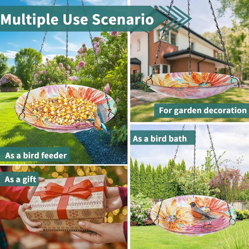 VCUTEKA Hanging Bird Bath, Glass Bird Baths for Outdoors Birdfeeder with 21 inch Rust-Proof Chain for Garden Yard Decor, Flower - Image 5