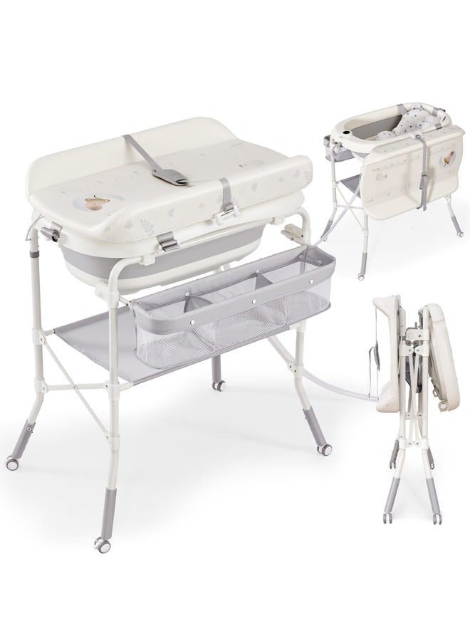 DZMDIP Baby Bathtub with Foldable Changing Table, Standing Infant Bath Tub for Newborn Toddler Shower, Portable Diaper Changing Station with Stand - Image 1