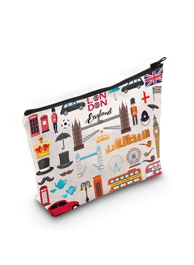 LEVLO London Travel Gift British Theme Cosmetic Bag England Souvenir Gift United Kingdom Make Up Zipper Pouch Bag (London) - Image 1