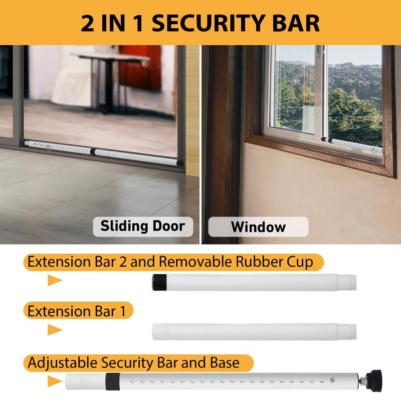PBHEPJ Sliding Door Security Bar, 18.5-51 inch Adjustable Patio Door Security bar with Rubber Tips, Multi-use Window Security Bars, Sliding Door Stopper, White, 2 Pack - Image 2