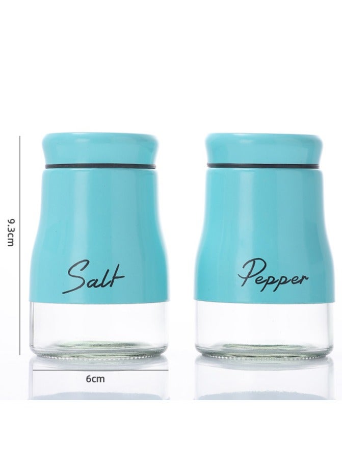 Blue Stainless Steel and Glass Salt and Pepper Shaker Seasoning Set with Modern Design! 2- Piece, 120ml each Bottle! Suitable for Powder Spicery!  - Image 1