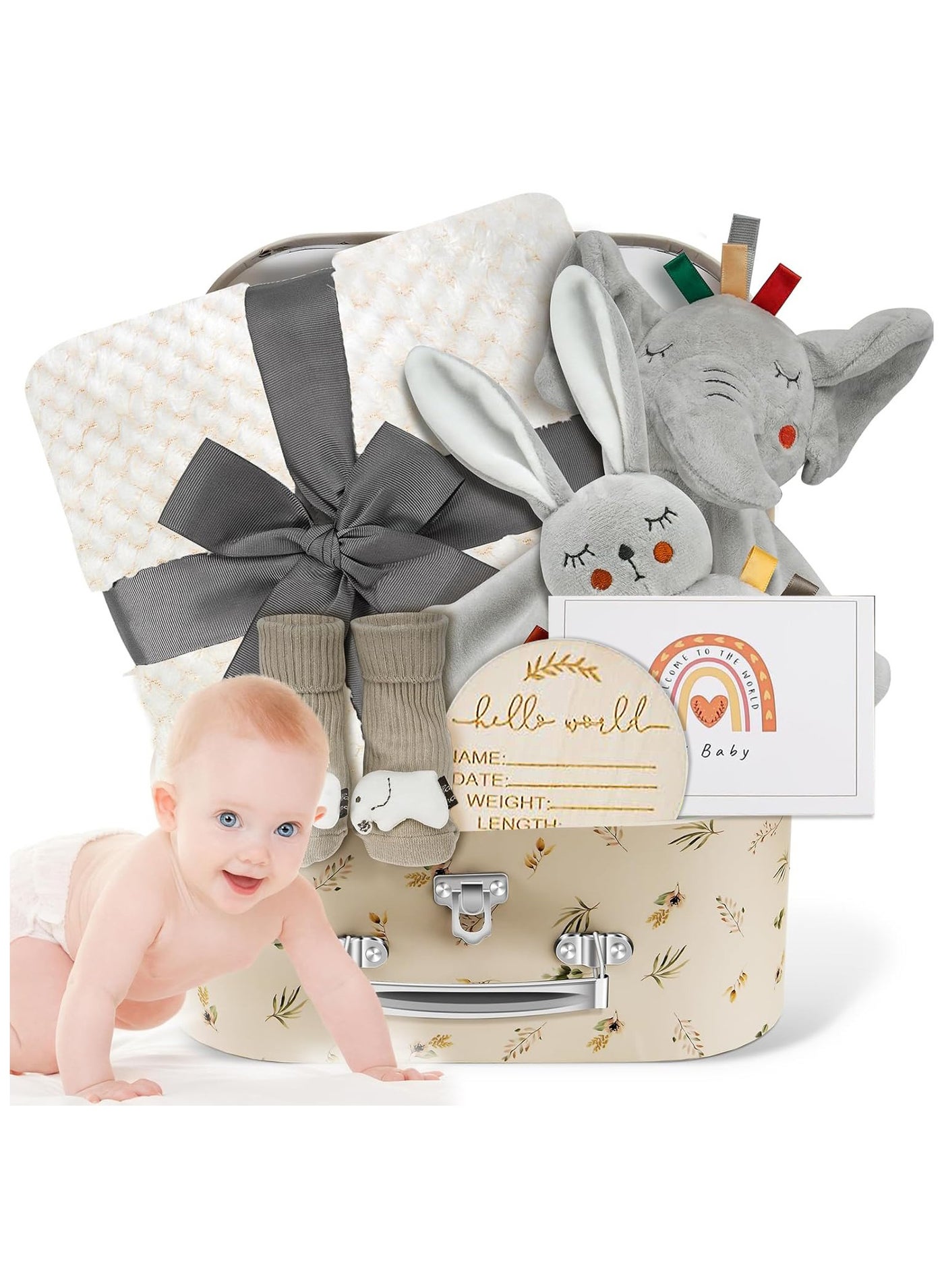 Baby Gift Basket, Newborn Baby Boy Gift Basket, Multiple Pieces Newborn Essentials for New Baby Gifts Basket Set with Baby Blanket, Baby Bunny Rattle, Keepsake Milestone, Elephant Toy, Baby Socks