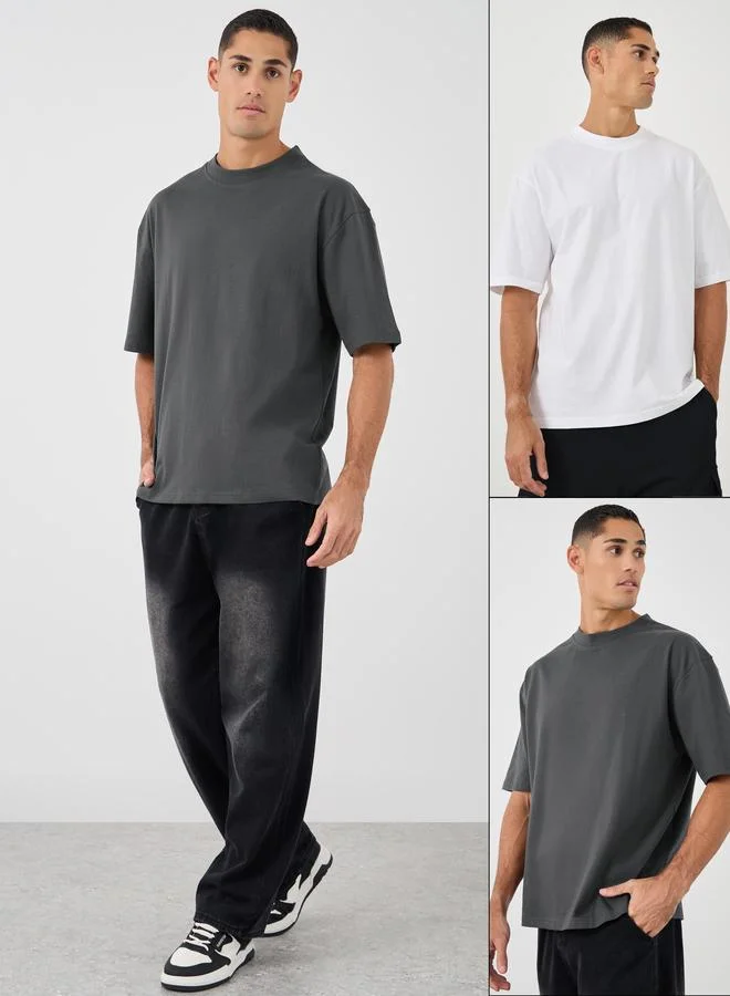 Styli Pack of 2 - Heavy Cotton Jersey Oversized Mock Neck T-Shirt