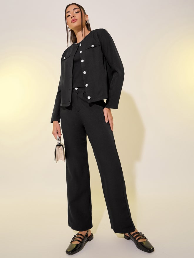 Styli Styli Solid Button Front Top and Pants Co-Ords  - Image 2