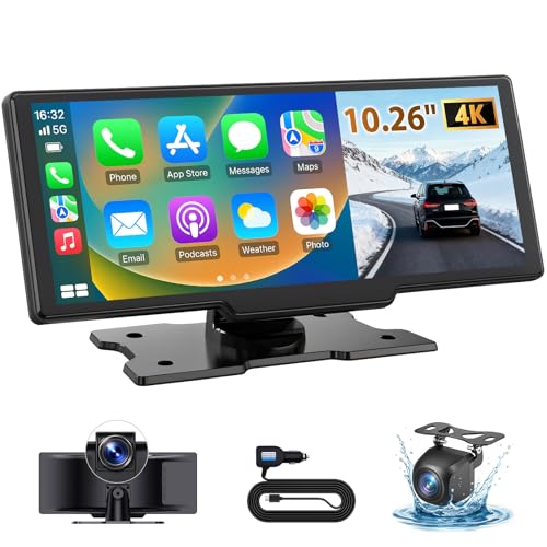 ELECROW 10.26" Wireless CarPlay Screen for Car: 4K Dash Cam & 1080P Backup Camera, Portable Touchscreen Car Stereo for Apple Carplay & Android Auto, GPS Navigation, Mirror Link, BT, FM, Voice Control - Image 1