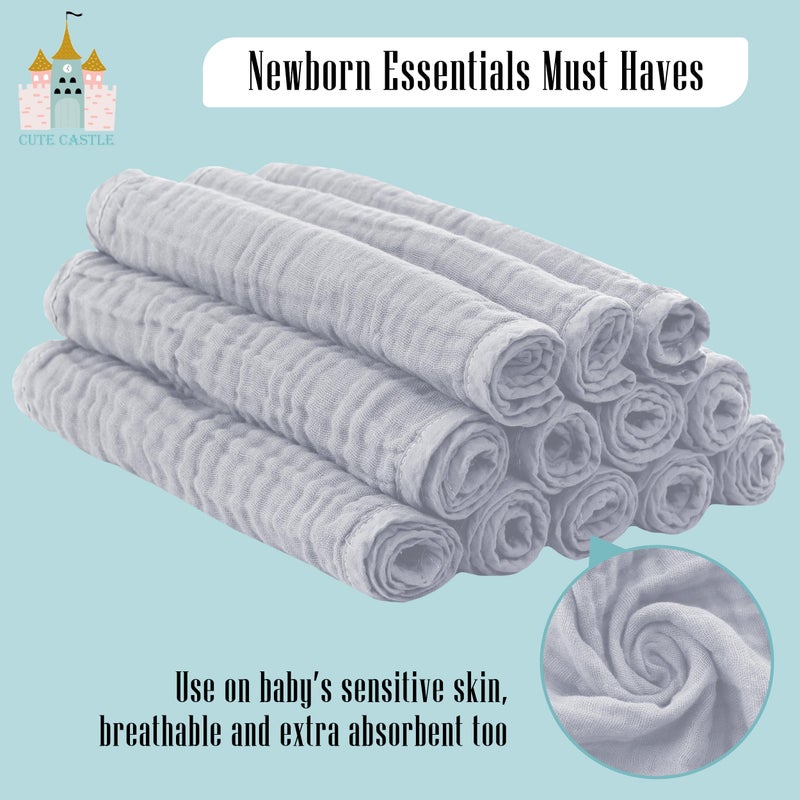 Cute Castle 12 Pack Muslin Burp Cloths for Baby - Ultra-Soft 100% Cotton Baby Washcloths - Large 20'' by 10'' Super Absorbent Milk Spit Up Rags - Burpy Cloths for Unisex, Boy, Girl - Slate - Image 5