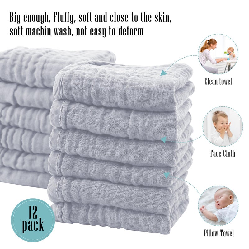 Cute Castle 12 Pack Muslin Burp Cloths for Baby - Ultra-Soft 100% Cotton Baby Washcloths - Large 20'' by 10'' Super Absorbent Milk Spit Up Rags - Burpy Cloths for Unisex, Boy, Girl - Slate - Image 4