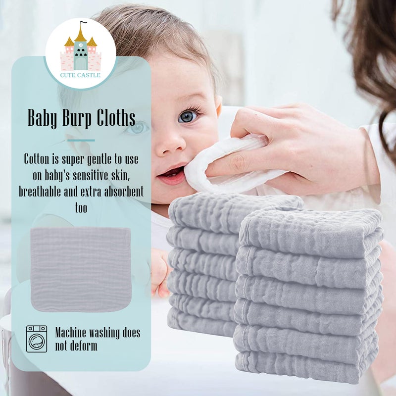 Cute Castle 12 Pack Muslin Burp Cloths for Baby - Ultra-Soft 100% Cotton Baby Washcloths - Large 20'' by 10'' Super Absorbent Milk Spit Up Rags - Burpy Cloths for Unisex, Boy, Girl - Slate - Image 3