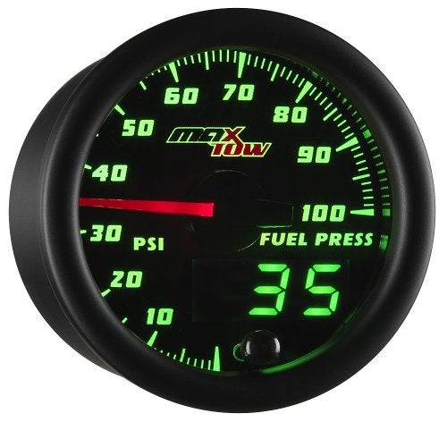 MaxTow Double Vision 100 PSI Fuel Pressure Gauge Kit Includes 1827 NPT Electronic Sensor Wiring Black Dial Green LED Lighting Analog Digital Readouts for Trucks 2116 52mm - Image 1