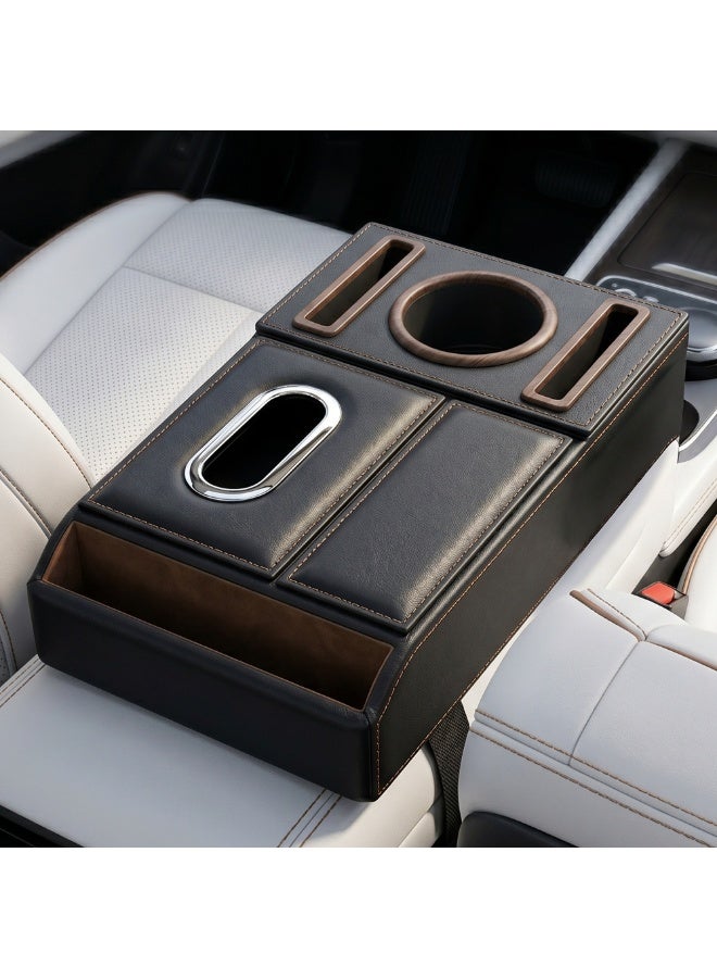 Manful Car Armrest Box Storage Booster Pad – Multifunctional Console Organizer with Cup Holder, Tissue Box & Phone Slot | Height Increase | Extra Storage | Universal Fit - Image 1