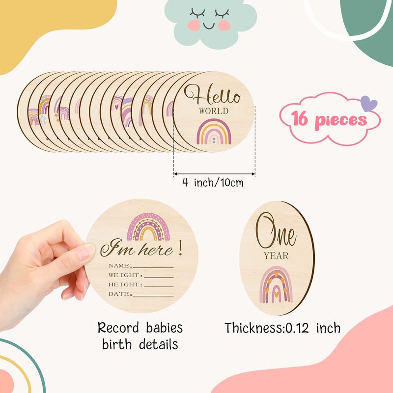 Al Raied ARS® 16 Pieces Wooden Baby Monthly Milestone Cards - Double Sided Milestone Marker Discs for Newborn Photo Props - Image 2