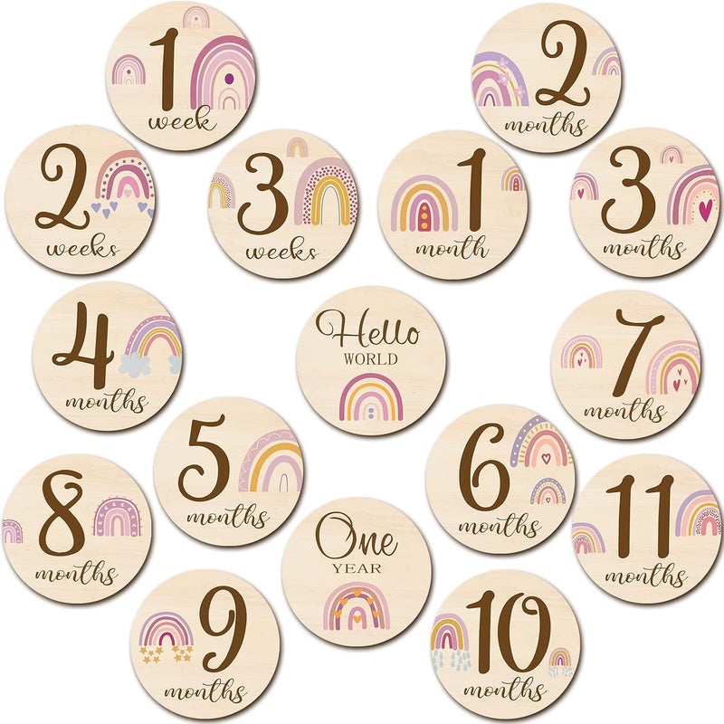 Al Raied ARS® 16 Pieces Wooden Baby Monthly Milestone Cards - Double Sided Milestone Marker Discs for Newborn Photo Props - Image 1