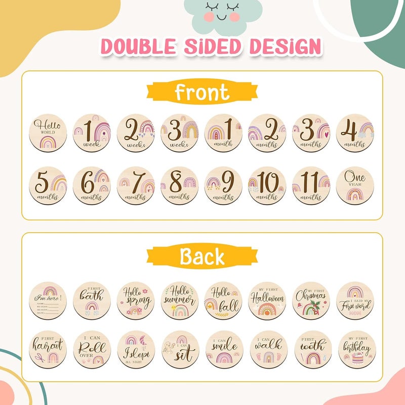 Al Raied ARS® 16 Pieces Wooden Baby Monthly Milestone Cards - Double Sided Milestone Marker Discs for Newborn Photo Props - Image 3