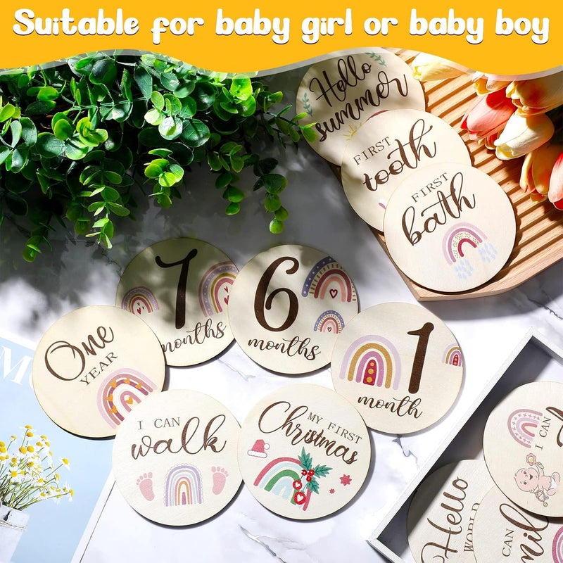 Al Raied ARS® 16 Pieces Wooden Baby Monthly Milestone Cards - Double Sided Milestone Marker Discs for Newborn Photo Props - Image 4