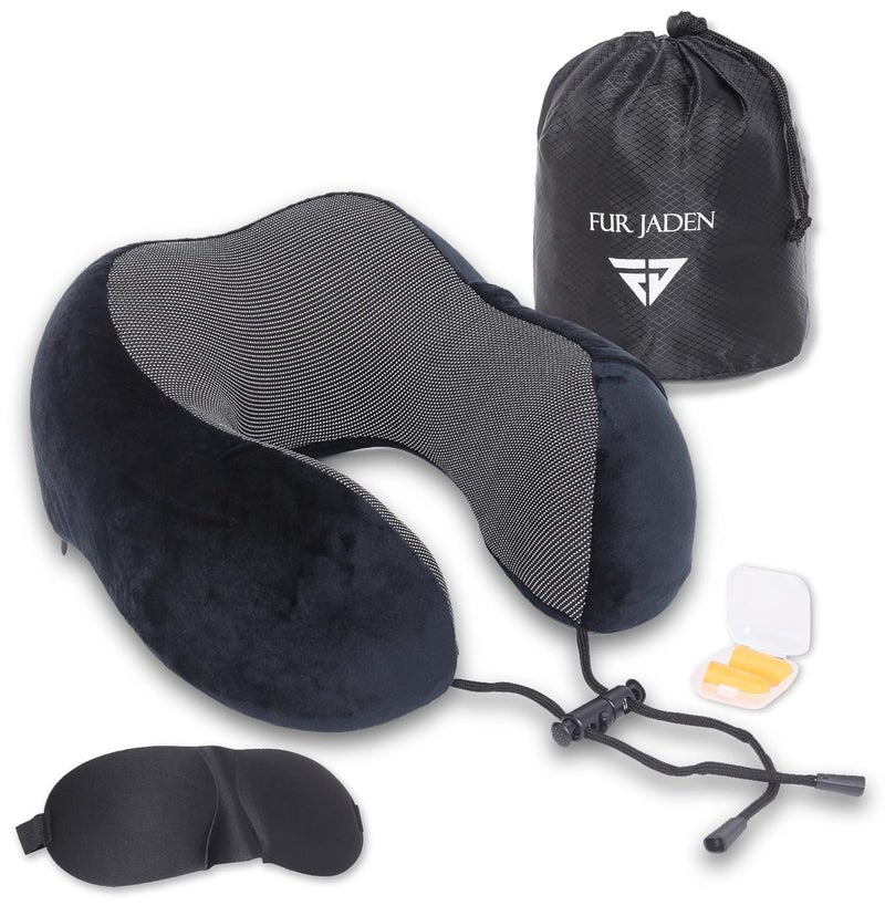 FUR JADEN FUR JADEN Memory Foam Luxury Travel Neck Support Rest Pillow Eye Mask, Noise Isolating Ear Plugs Portable Combo (Black) - Image 1