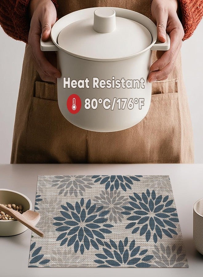 Artoid Mode Floral Vinyl Placemats Set of 4, 12x18 Inch Wipeable Non-Slip PVC Place Mats for Party Kitchen Dining Decor, Blue Grey - Image 3