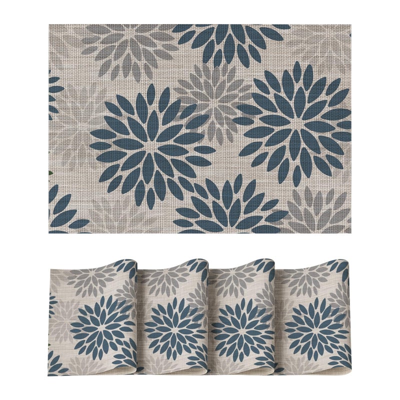 Artoid Mode Floral Vinyl Placemats Set of 4, 12x18 Inch Wipeable Non-Slip PVC Place Mats for Party Kitchen Dining Decor, Blue Grey - Image 1