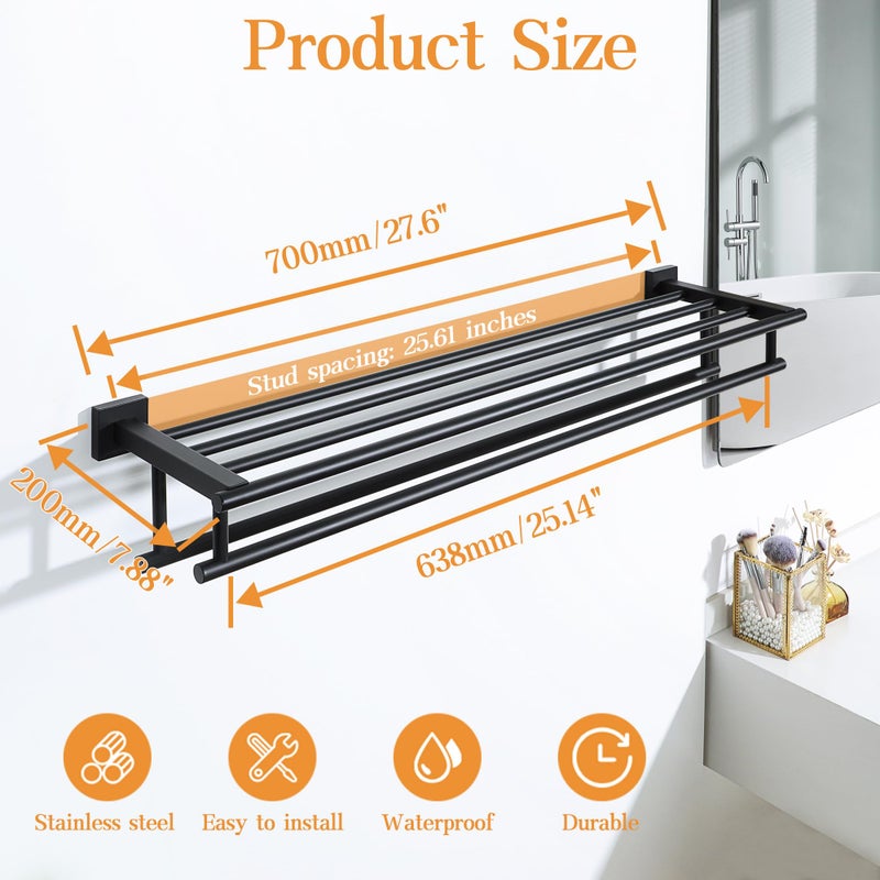 Alise Towel Rack for Bathroom Wall Mount,Double Towel Bars for Bathroom,28 Inch Bathroom Towel Holder Double Towel Bars with Shelf,SUS304 Stainless Steel Towel Hanger for Bathroom Walls,Matte Black - Image 2