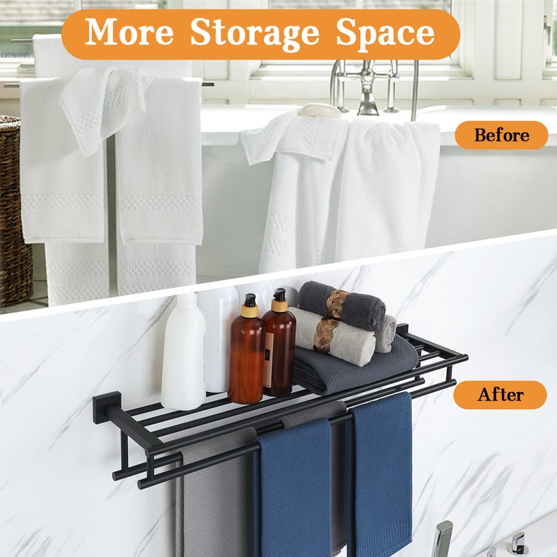 Alise Towel Rack for Bathroom Wall Mount,Double Towel Bars for Bathroom,28 Inch Bathroom Towel Holder Double Towel Bars with Shelf,SUS304 Stainless Steel Towel Hanger for Bathroom Walls,Matte Black - Image 3