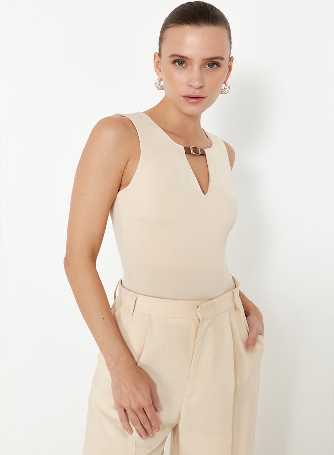trendyol Stone Fitted/Body-Sitting Belt Detailed Flexible Snap Fastener Knitted Body  - Image 3