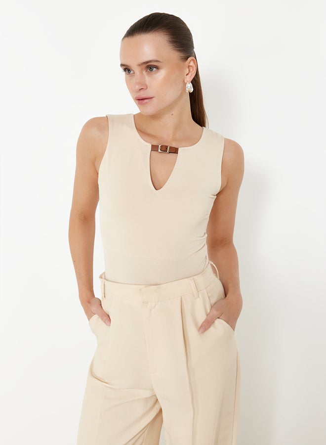 trendyol Stone Fitted/Body-Sitting Belt Detailed Flexible Snap Fastener Knitted Body  - Image 1