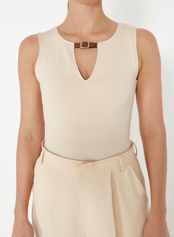 trendyol Stone Fitted/Body-Sitting Belt Detailed Flexible Snap Fastener Knitted Body  - Image 4