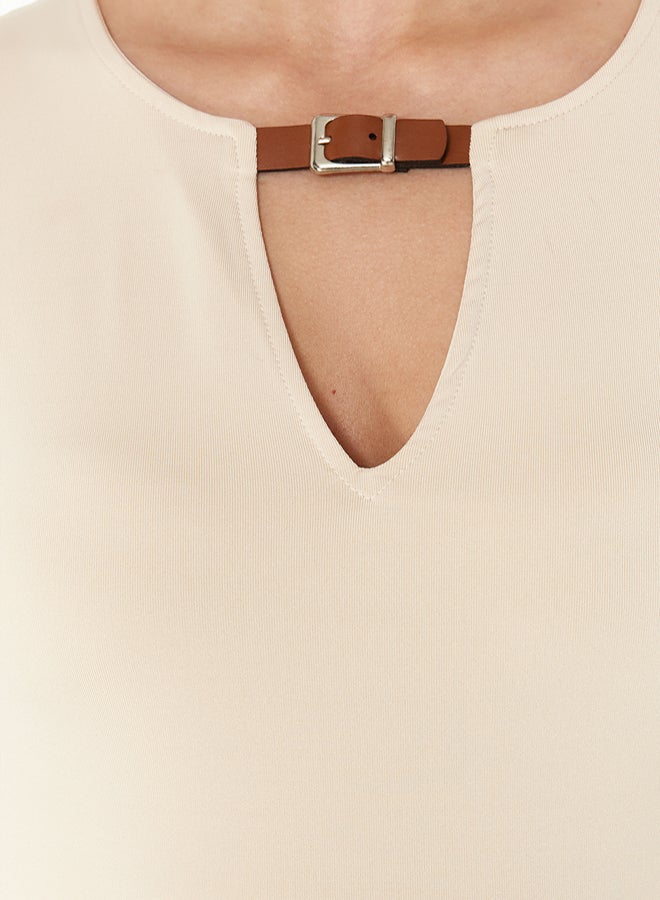 trendyol Stone Fitted/Body-Sitting Belt Detailed Flexible Snap Fastener Knitted Body  - Image 5