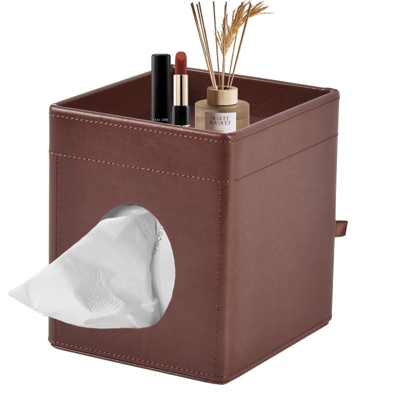 XNONE Tissue Box Cover Square Tissue Box Holder PU Leather Facial Tissues Organizer with Storage Tray for Bathroom Vanity Bedroom Office Car,Stylish Napkin Caddy Decorative Organizer (Brown) - Image 1