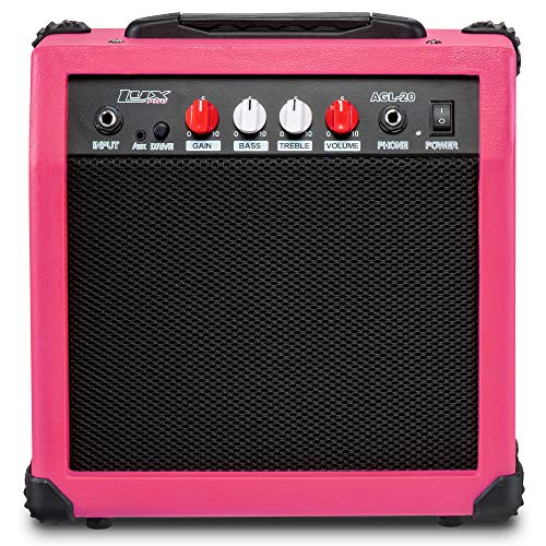 LyxPro Electric Guitar Amp 20 Watt Amplifier Built in Speaker Headphone Jack and Aux Input Includes Gain Bass Treble Volume and Grind - Pink - Image 1