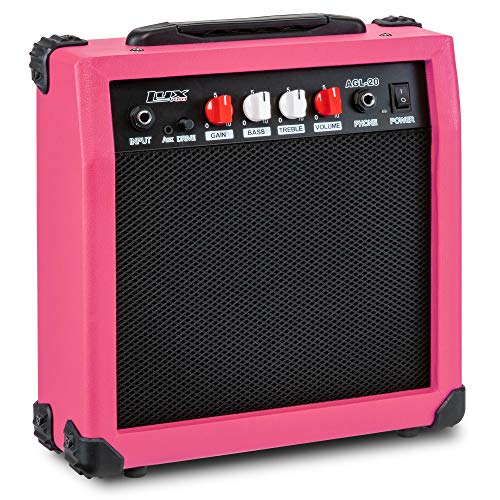 LyxPro Electric Guitar Amp 20 Watt Amplifier Built in Speaker Headphone Jack and Aux Input Includes Gain Bass Treble Volume and Grind - Pink - Image 5