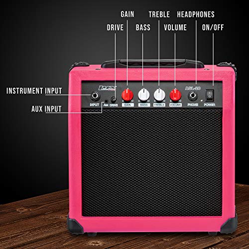 LyxPro Electric Guitar Amp 20 Watt Amplifier Built in Speaker Headphone Jack and Aux Input Includes Gain Bass Treble Volume and Grind - Pink - Image 3